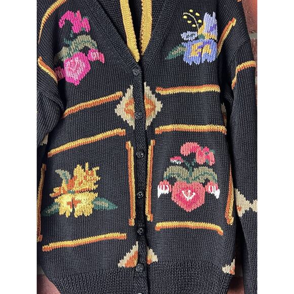 VTG Berek Sweater Black Floral Cardigan Hand Knit Heavy Button Front Size Large - Picture 2 of 11